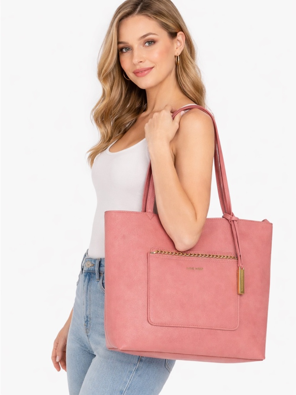 Nine West Tangled Tote Bag Purse Dusty Rose Dark Pink Silver with Chain Detail